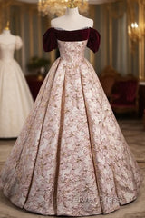 Champagne Pink Flower Puff Sleeve Prom Dresses