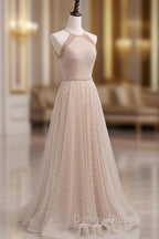 Champagne Pink Long Prom Dresses, A Line Tulle Formal Dresses Graduation Dresses