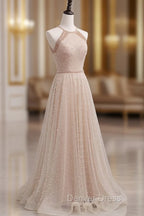 Champagne Pink Long Prom Dress, A Line Tulle Prom Dress Graduation Dresses