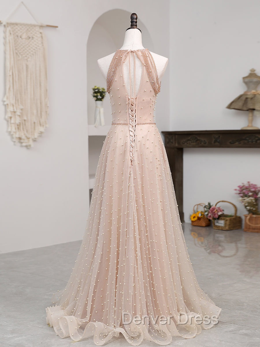Champagne Pink Long Prom Dresses, A Line Tulle Formal Dresses Graduation Dresses