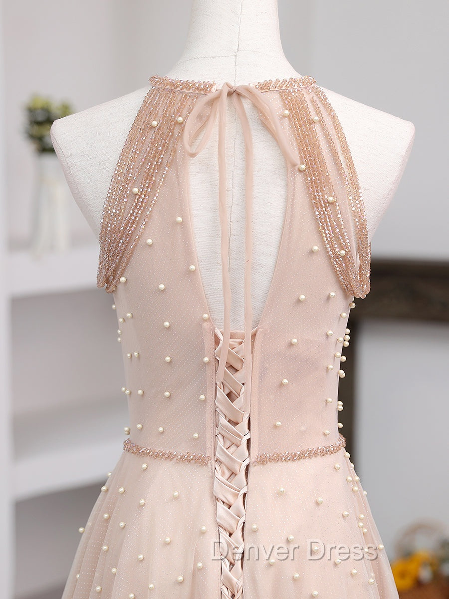 Champagne Pink Long Prom Dress, A Line Tulle Prom Dress Graduation Dresses