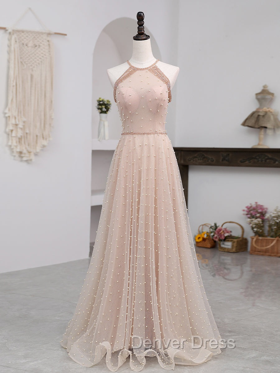 Champagne Pink Long Prom Dress, A Line Tulle Prom Dress Graduation Dresses