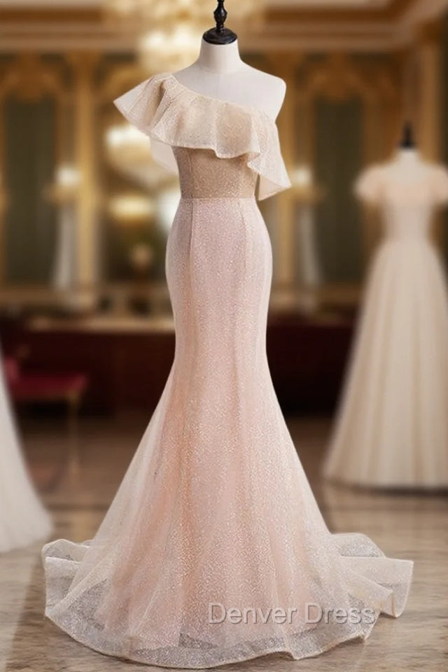 Champagne Pink Mermaid Sequins One Shoulder Prom Dresses
