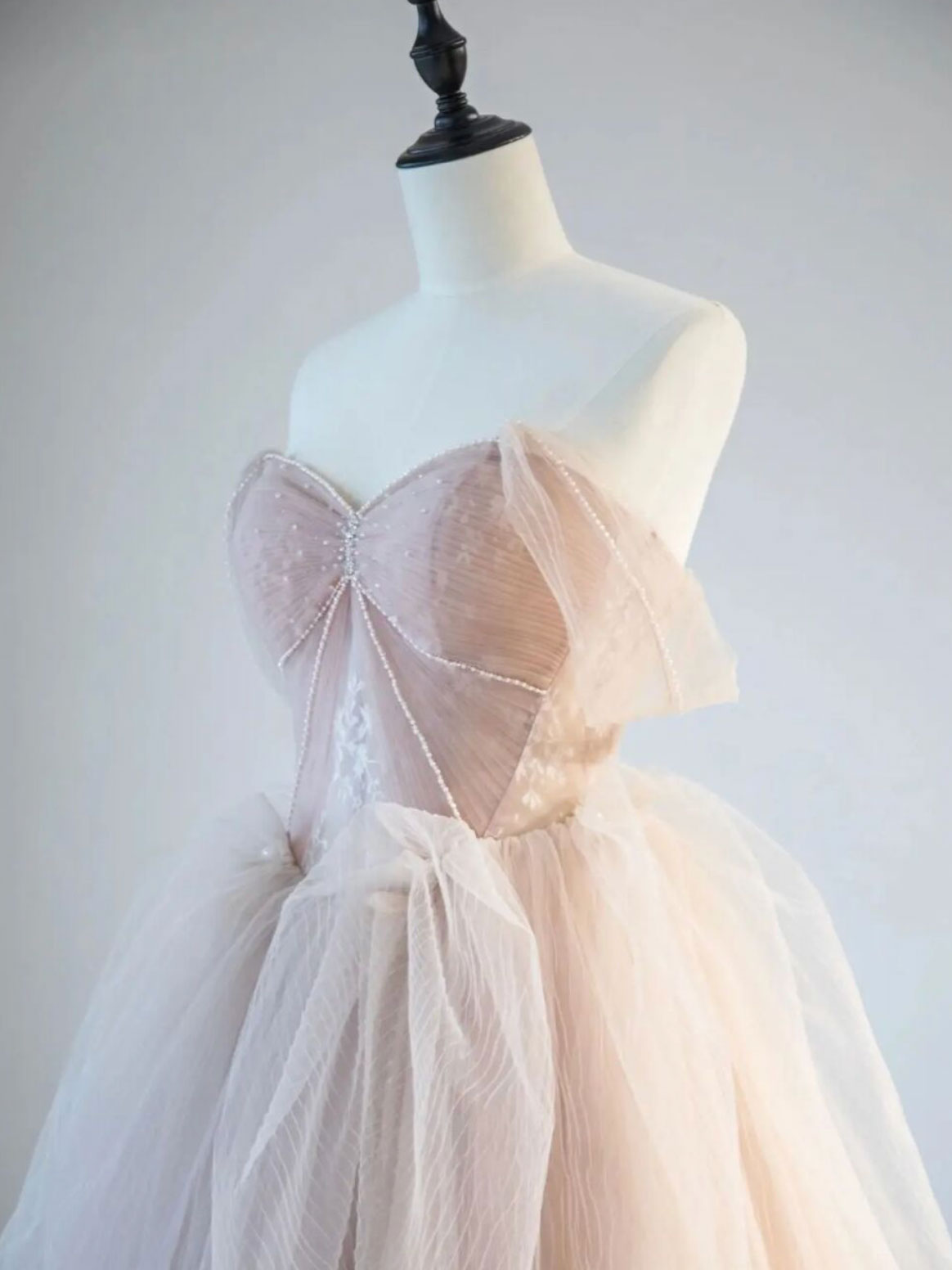 Champagne Pink Off Shoulder Tulle Lace Long Prom Dresses, Champagne Formal Dresses Secondary image