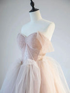 Champagne Pink Off Shoulder Tulle Lace Long Prom Dresses, Champagne Formal Dresses