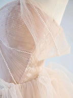 Champagne Pink Off Shoulder Tulle Lace Long Prom Dresses, Champagne Formal Dresses