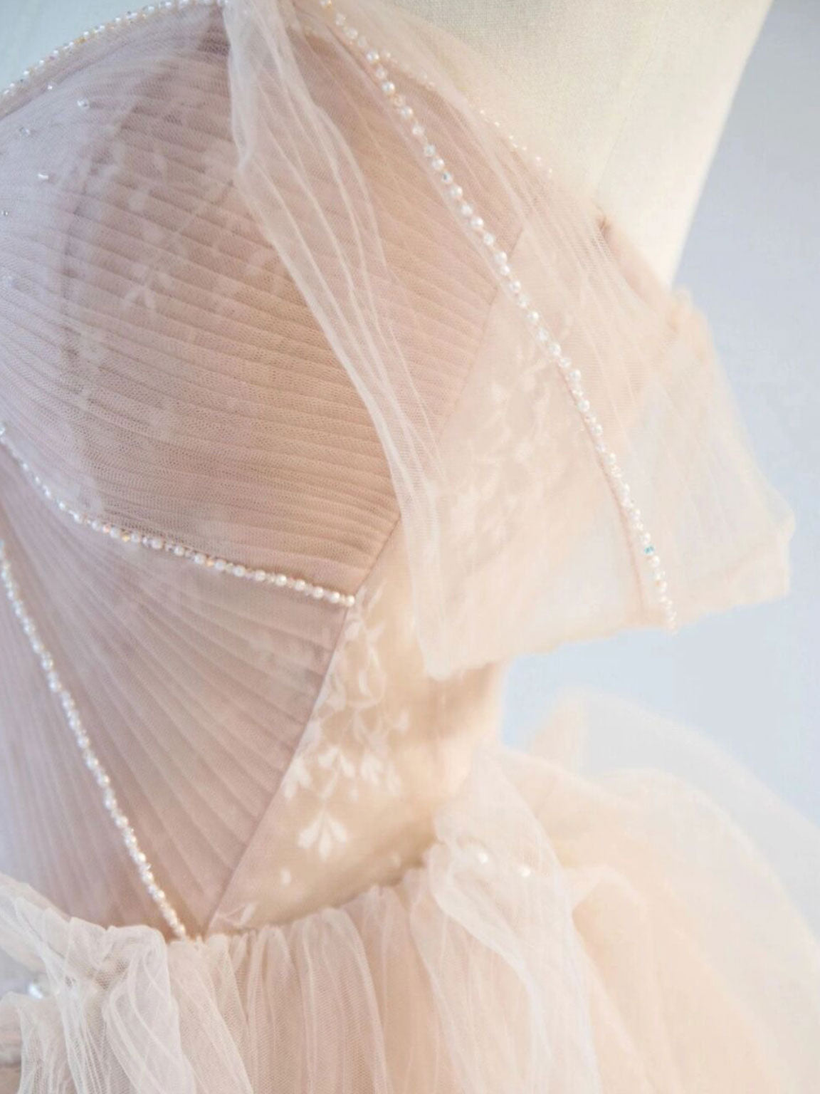Champagne Pink Off Shoulder Tulle Lace Long Prom Dresses, Champagne Formal Dresses