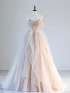 Champagne Pink Off Shoulder Tulle Lace Long Prom Dresses, Champagne Formal Dresses