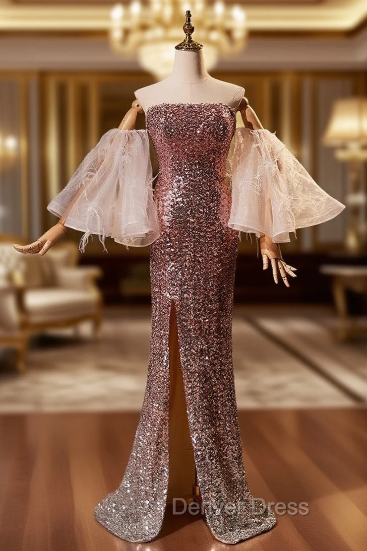 Champagne Pink Sequins Mermaid Strapless Prom Dresses