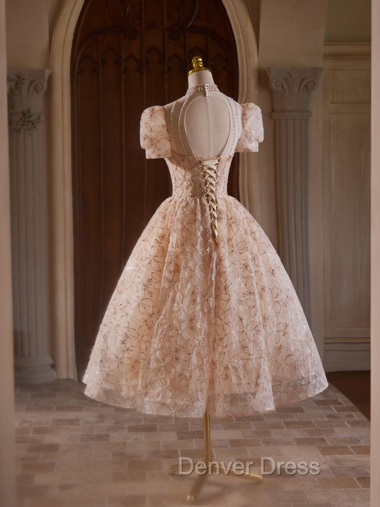 Champagne Pink Tulle Lace Tea Length Prom Dresses with Beads Secondary image