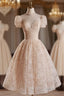 Champagne Pink Tulle Lace Tea Length Prom Dresses with Beads