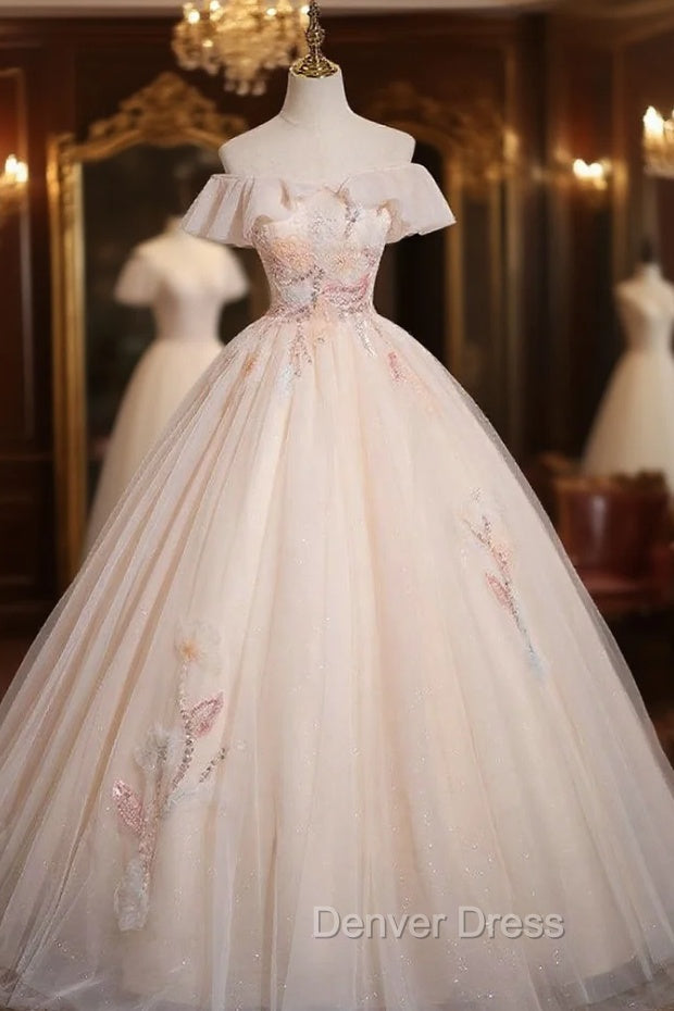 Champagne Pink Tulle Sequins Appliques Princess Quinceanera Dresses