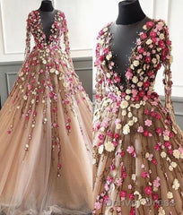 Champagne Prom Dress, 3D Flowers Prom Dress, Long Sleeve Prom Dress, Elegant Prom Dress