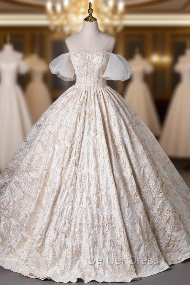 Champagne Puff Sleeve Embroidery Quinceanera Dresses