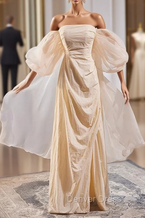 Champagne Puff Sleeve Pleats Prom Dresses