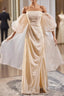 Champagne Puff Sleeve Pleats Prom Dresses