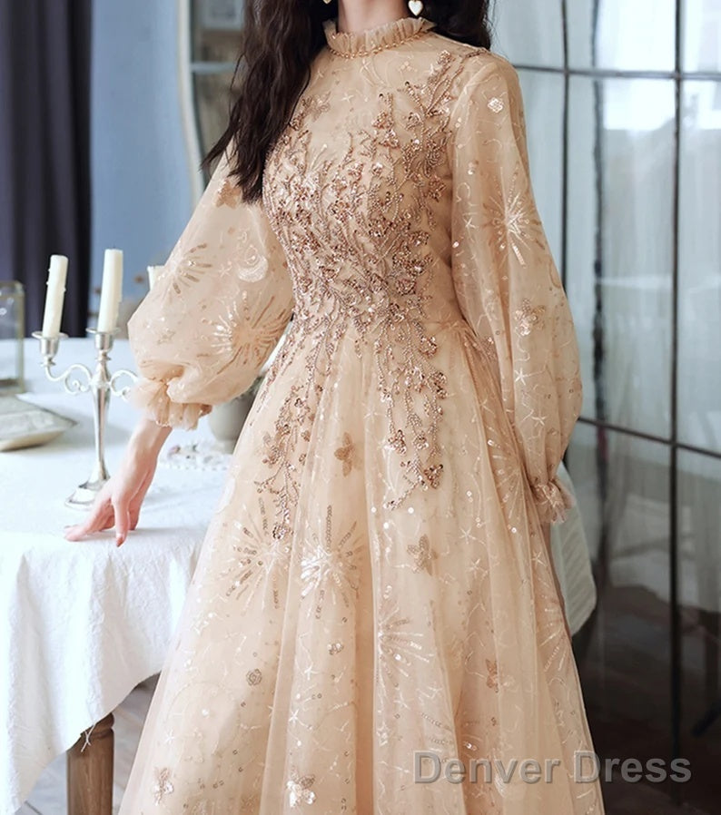Champagne Puffy Sleeves Long Beaded Party Dress, Champagne Tulle Prom Dress
