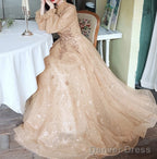 Champagne Puffy Sleeves Long Beaded Party Dress, Champagne Tulle Prom Dress