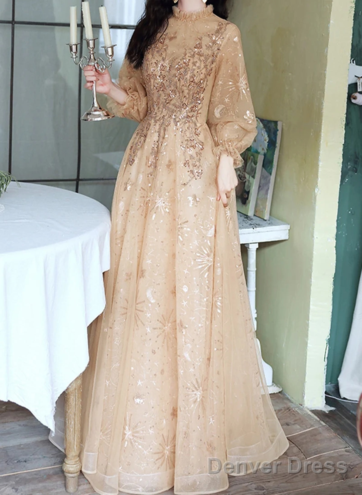 Champagne Puffy Sleeves Long Beaded Party Dress, Champagne Tulle Prom Dress Main image
