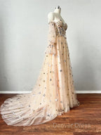 Champagne Puffy Sleeves Tulle Long Evening Dresses, Champagne Party Dresses Prom Dresses