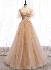Champagne Puffy Sleeves Tulle Long Evening Dress Party Dress, A-Line Tulle Prom Dresses