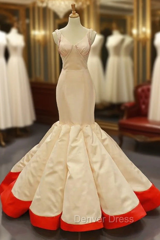 Champagne Red Mermaid Satin V-neck Pleats Prom Dresses