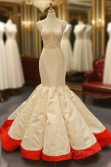 Champagne Red Mermaid Satin V-neck Pleats Prom Dresses