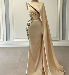 Champagne Robe De Soiree Sheath Floor Length Satin Beaded Long Prom Dresses Prom Gown Evening Dresses