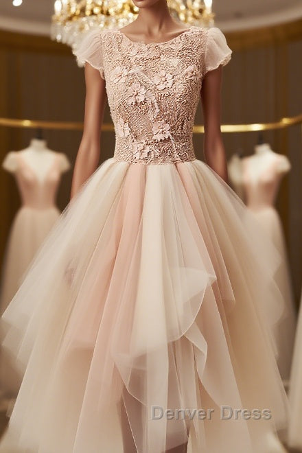 Champagne round neck tulle beads short prom Dress, homecoming Dresses
