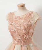 Champagne round neck tulle beads short prom Dress, homecoming Dresses