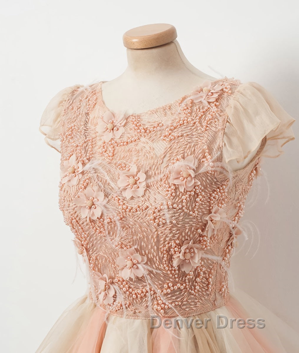 Champagne round neck tulle beads short prom Dress, homecoming Dresses