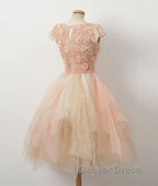 Champagne round neck tulle beads short prom Dress, homecoming Dresses