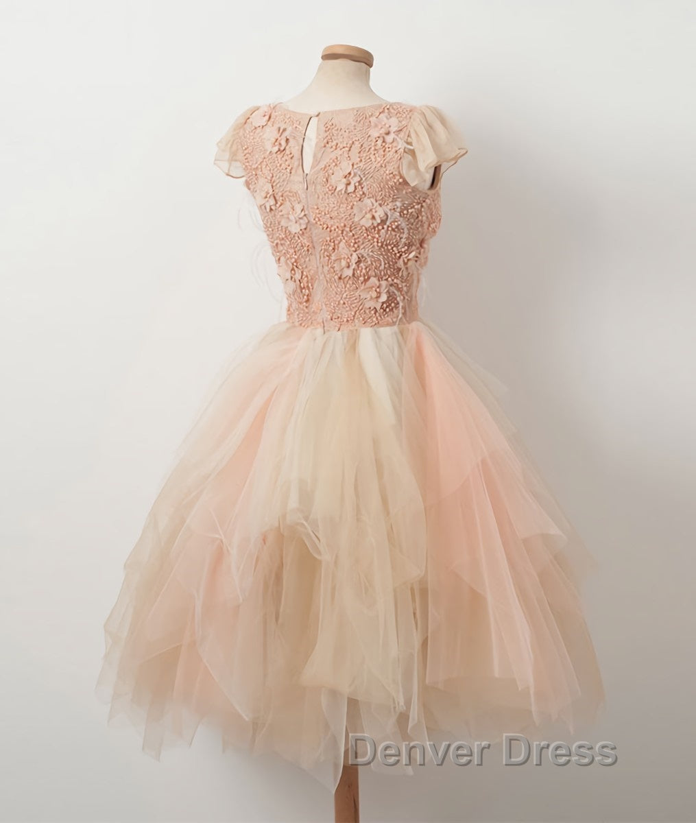 Champagne round neck tulle beads short prom Dress, homecoming Dresses