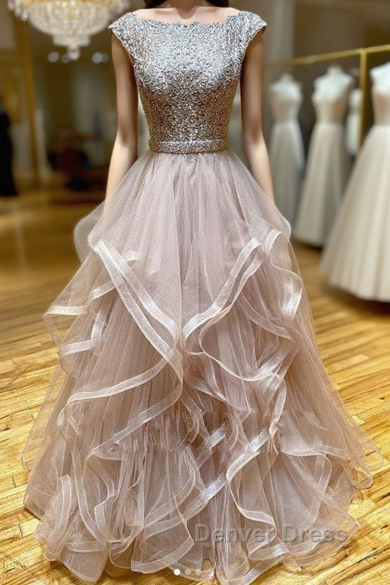 Champagne round neck tulle lace long Prom Dress Main image