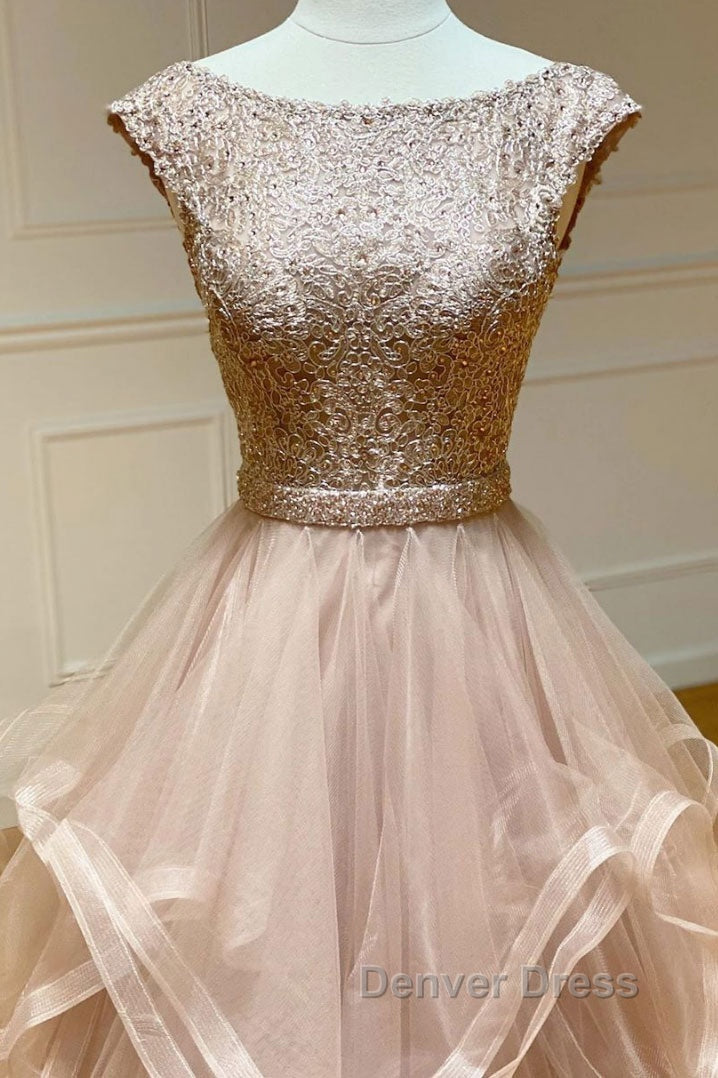 Champagne round neck tulle lace long Prom Dress Secondary image