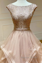 Champagne round neck tulle lace long Prom Dress