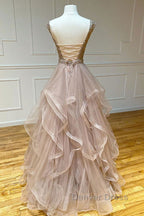 Champagne round neck tulle lace long Prom Dress