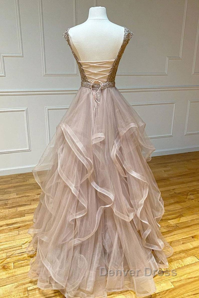 Champagne round neck tulle lace long Prom Dress