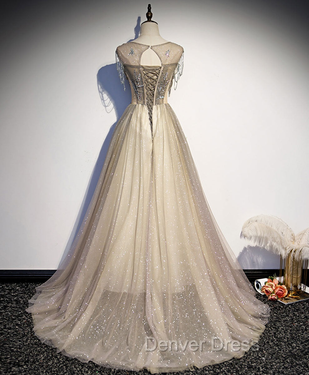 Champagne Round Neck Tulle Sequin Long Prom Dress Tulle Prom Dresses