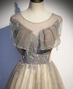 Champagne Round Neck Tulle Sequin Long Prom Dress Tulle Prom Dresses