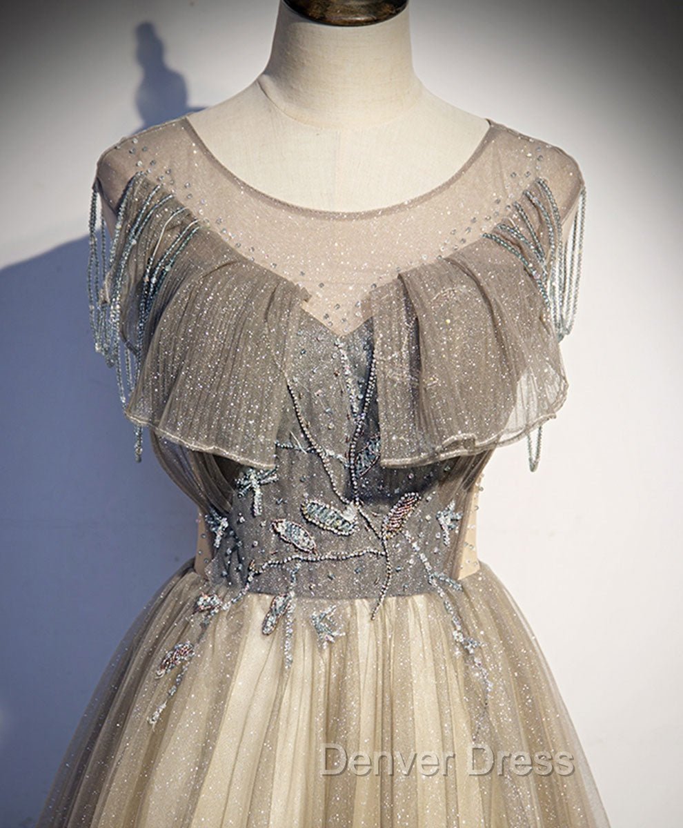 Champagne Round Neck Tulle Sequin Long Prom Dress Tulle Prom Dresses