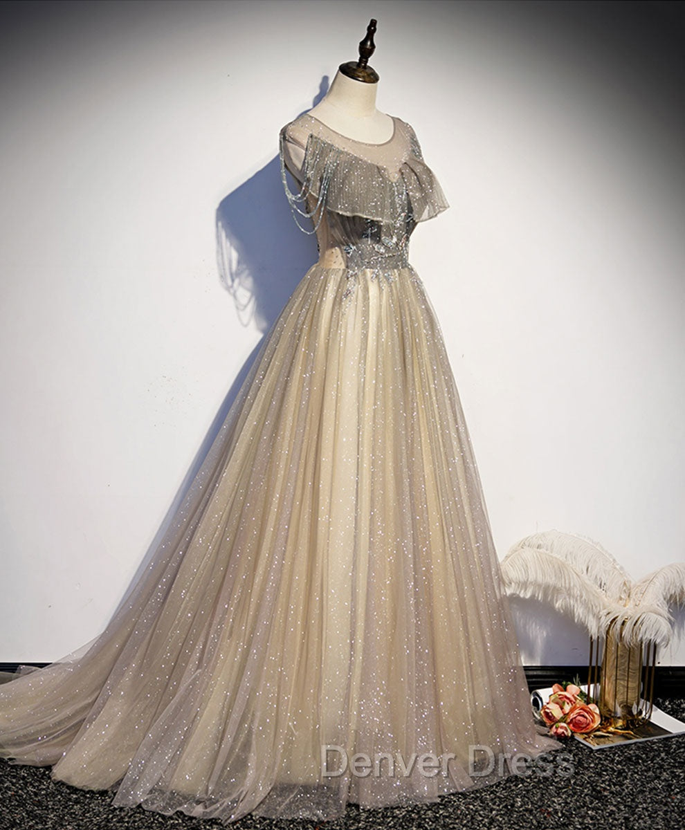 Champagne Round Neck Tulle Sequin Long Prom Dress Tulle Prom Dresses