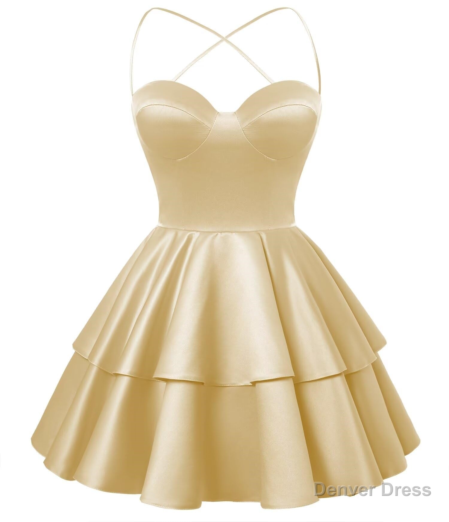 Champagne Satin Homecoming Dress Sweetheart Neck Tiered Short Graduation Dresses Main image