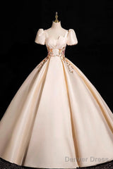 Champagne Satin Lace Long Prom Dress, Elegant A-Line Short Sleeve Party Dress