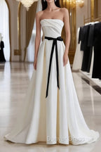 Champagne Satin Long A-Line Prom Dresses, Strapless Formal Evening Dresses