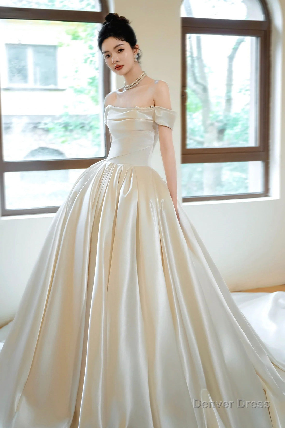 Champagne Satin Long Prom Dress, Off the Shoulder Formal Evening Dress Secondary image