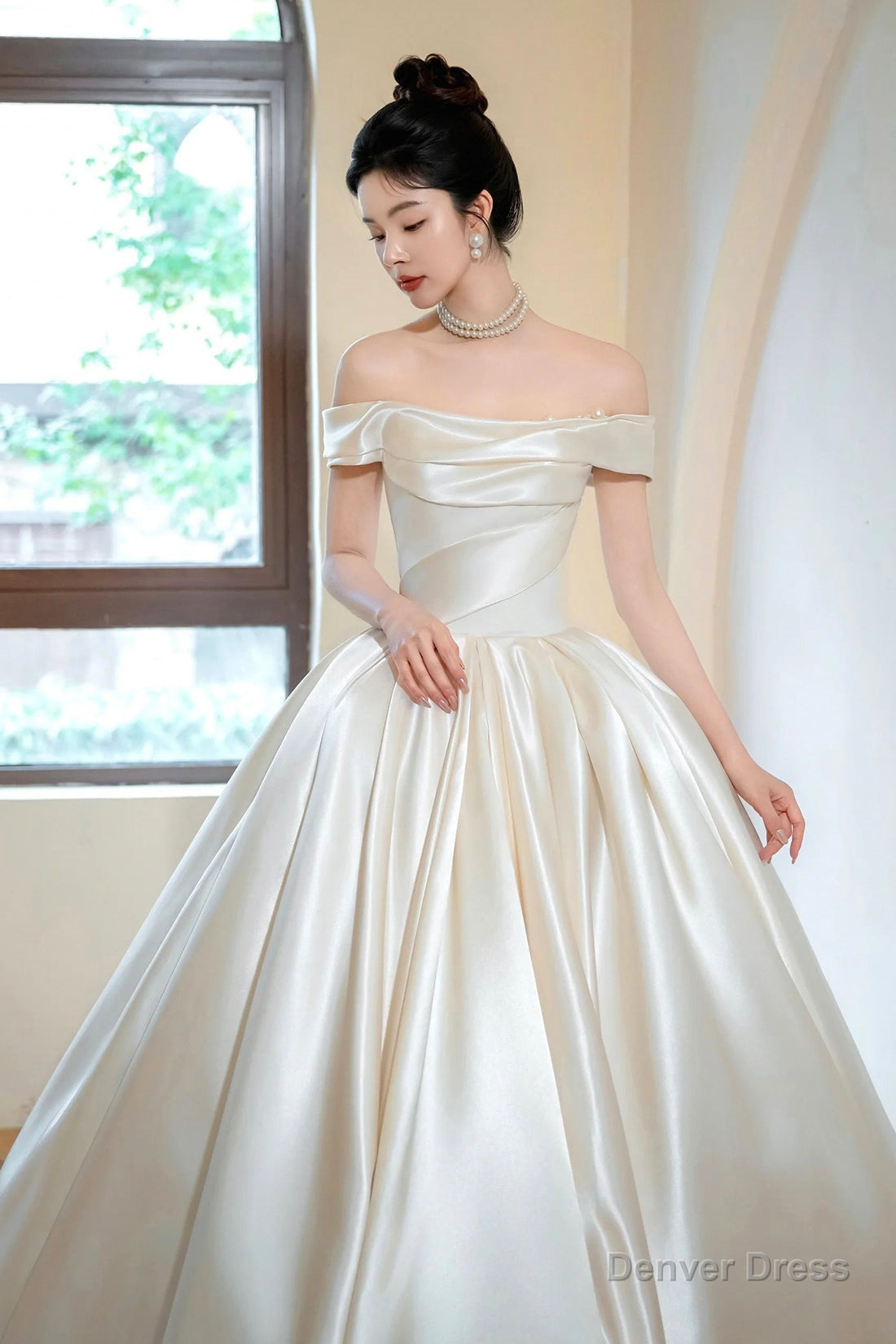 Champagne Satin Long Prom Dress, Off the Shoulder Formal Evening Dress