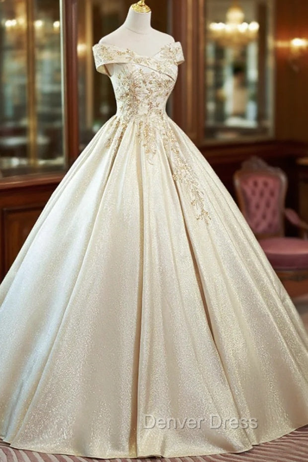 Champagne Satin Long Prom Dresses with Beaded, V-Neck Evening Party Dresses