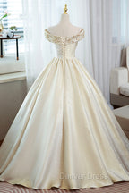 Champagne Satin Long Prom Dress with Beaded, V Neck Prom Dresses