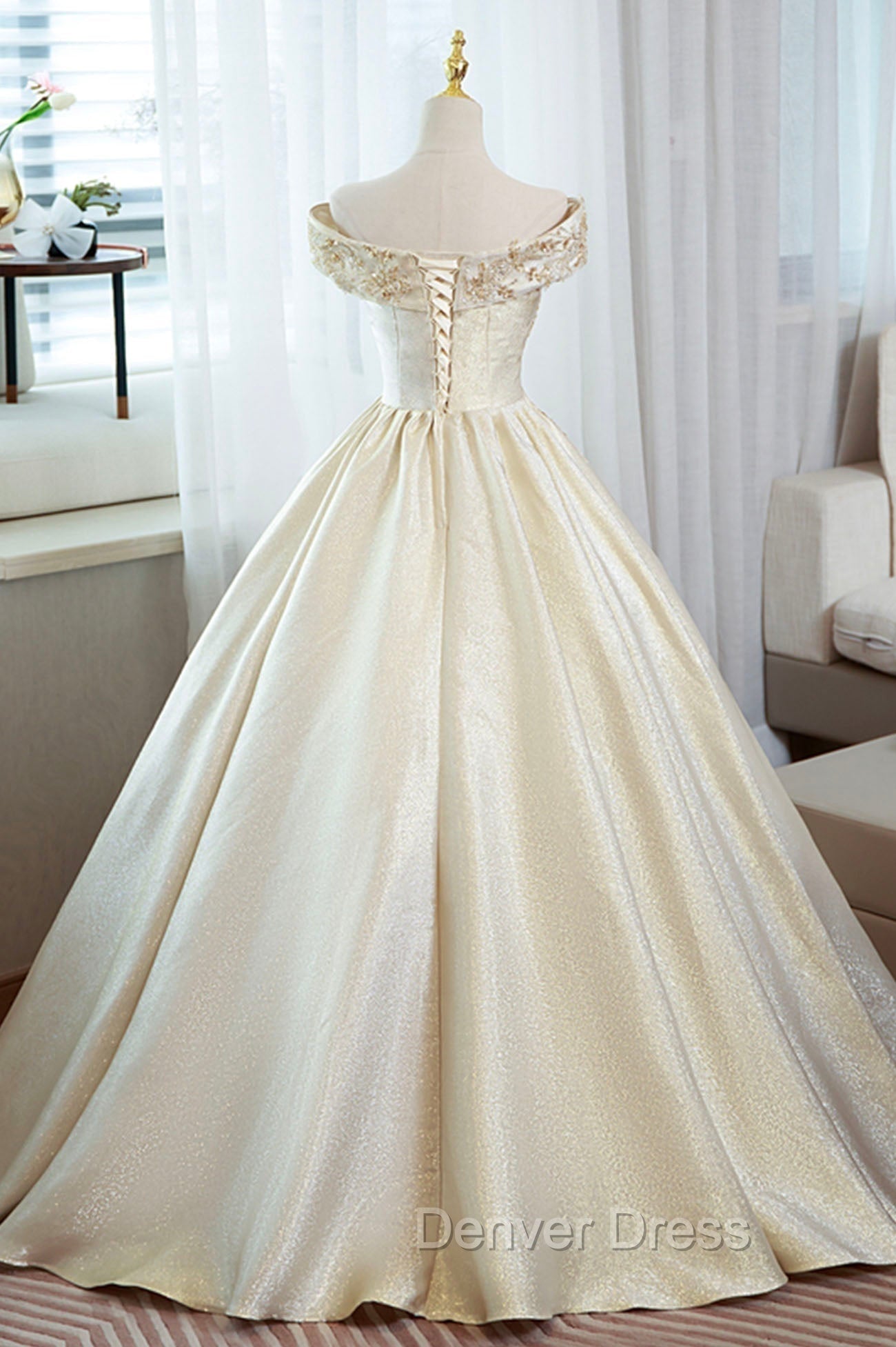 Champagne Satin Long Prom Dress with Beaded, V Neck Prom Dresses